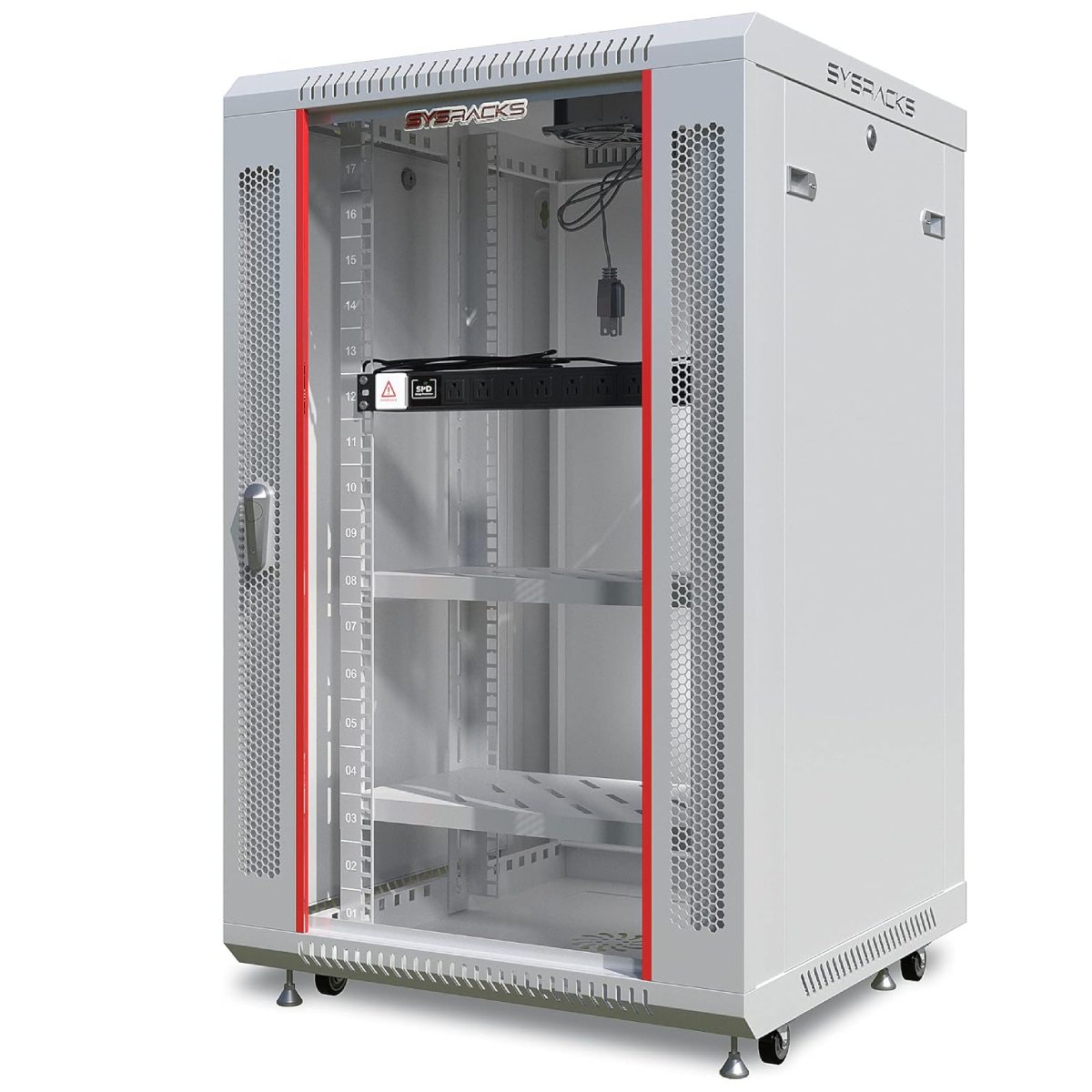 Sysracks 18U Wall Mount Gray Av DataRack Cabinet 24"-2 Shelves-8-Way PDU- Fan - Casters