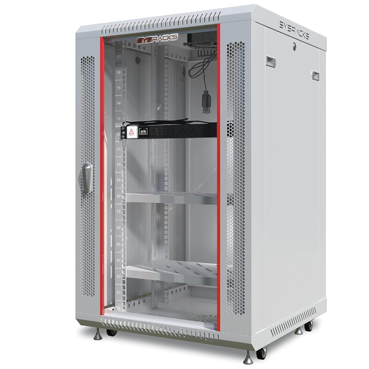 Sysracks 18U Wall Mount Gray Av DataRack Cabinet 24"-2 Shelves-8-Way PDU- Fan - Casters