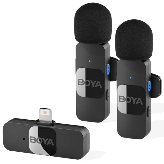 Boya BY-V2 (Lighting) Couple Wireless iPhone Microphone Lavalier - Professional Video Recording Lav Mic, 2 Clip-on Microphones for YouTube Interview Vlog Livestream & Podcast