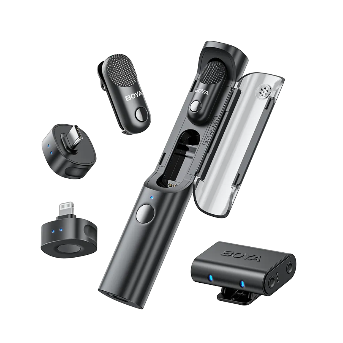 BOYA Magic-01  AI-Powered Wireless Mic, RX+2 TX+1 CC, Type-c+Lightning+3.5,Desktop Stand, Black