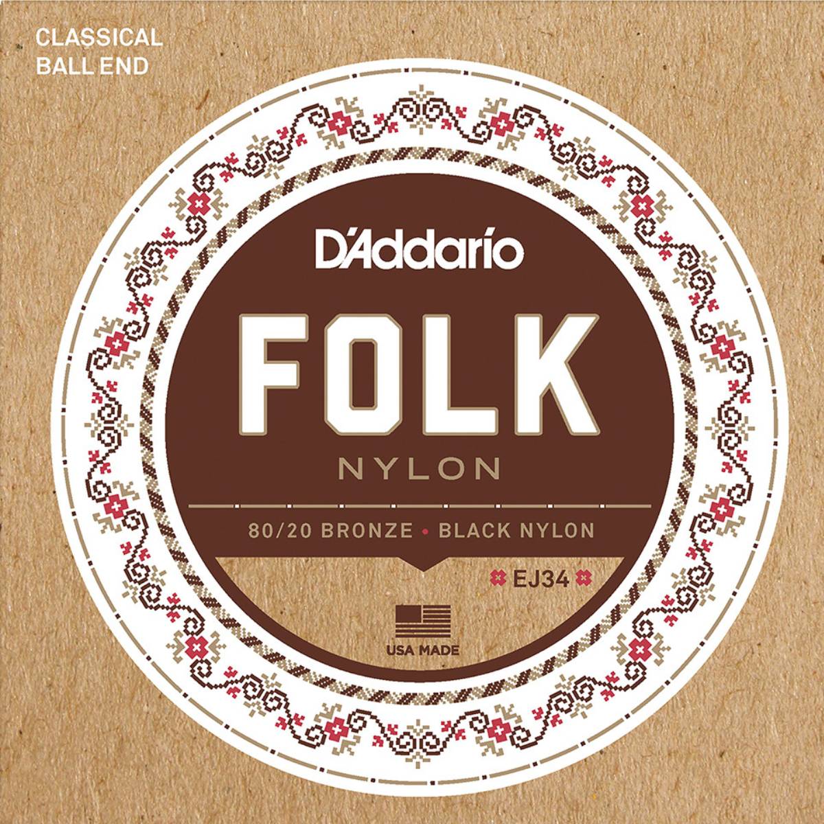 D'Addario EJ34 Folk Nylon Guitar Strings, Ball End, 80/20